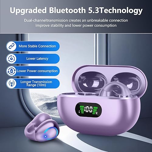 Miniatura 5 de Auriculares ultra abiertos Bluetooth 5.3 inalámbricos con clip con pantalla digital, estuche de carga de 60 horas de reproducción, auriculares