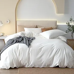 JIYUAN 100% Washed Cotton Duvet Cover Set 3 Pieces Oversized King, 1 Duvet Cover 120x98 Inches(Comforter Not Included) and 2 Pillowcases,Linen Feel Bedding Set Comfy and Breathable,Bright White