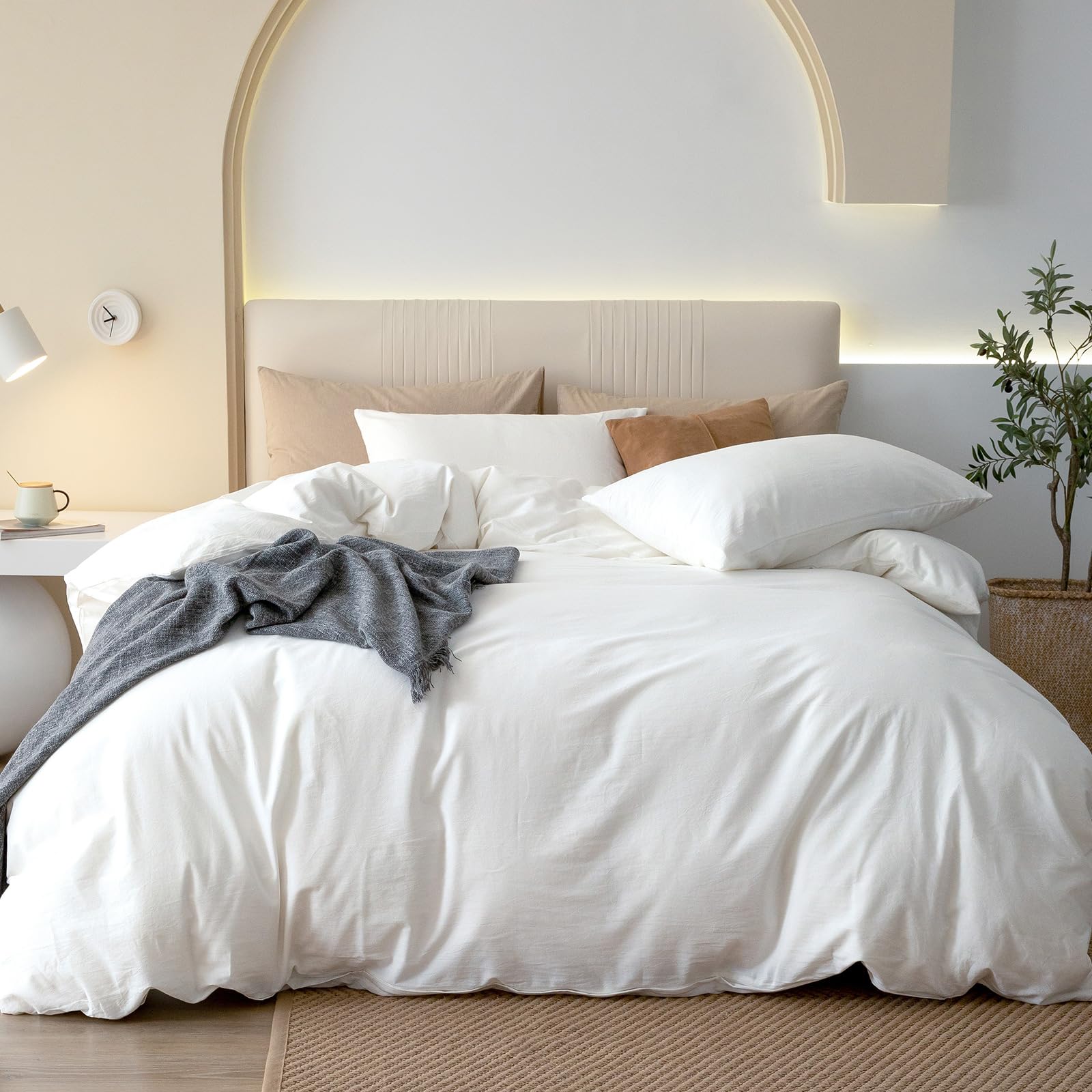 Photo 1 of JIYUAN Queen Size Duvet Cover Set, 3-Piece - 100% Washed Cotton, Linen-Like Soft & Breathable with Zipper Closure, Includes 90x90 Inch Cover & 2 Pillowcases, Solid Bright White