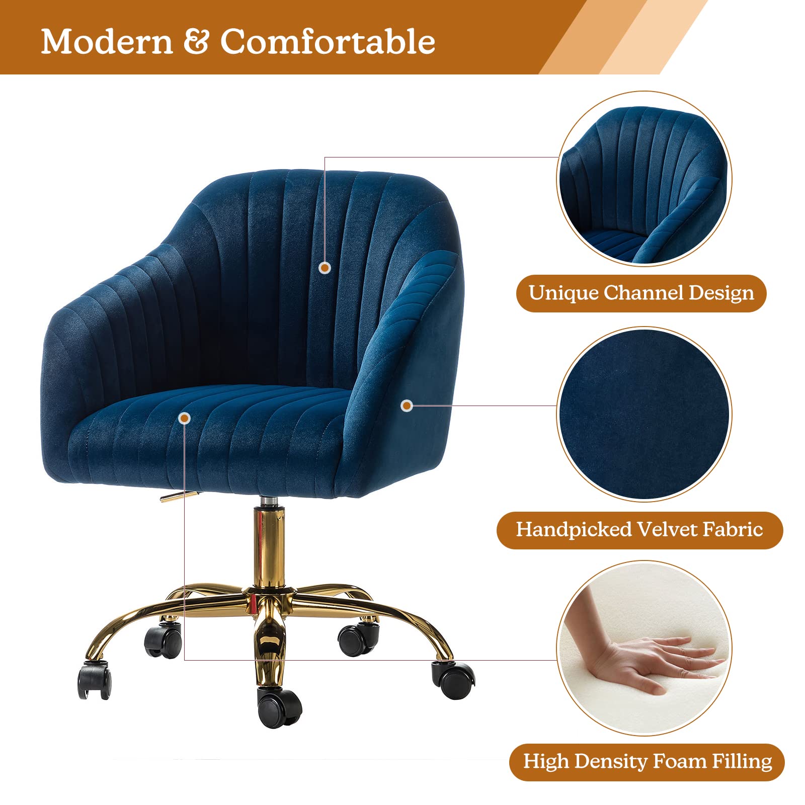 HULALA HOMEVelvet Home Office Desk Chair, Modern Cute Computer Task Chair,  Wheels Swivel Height Adjustable Upholstered Vanity Chair for Women, Girls