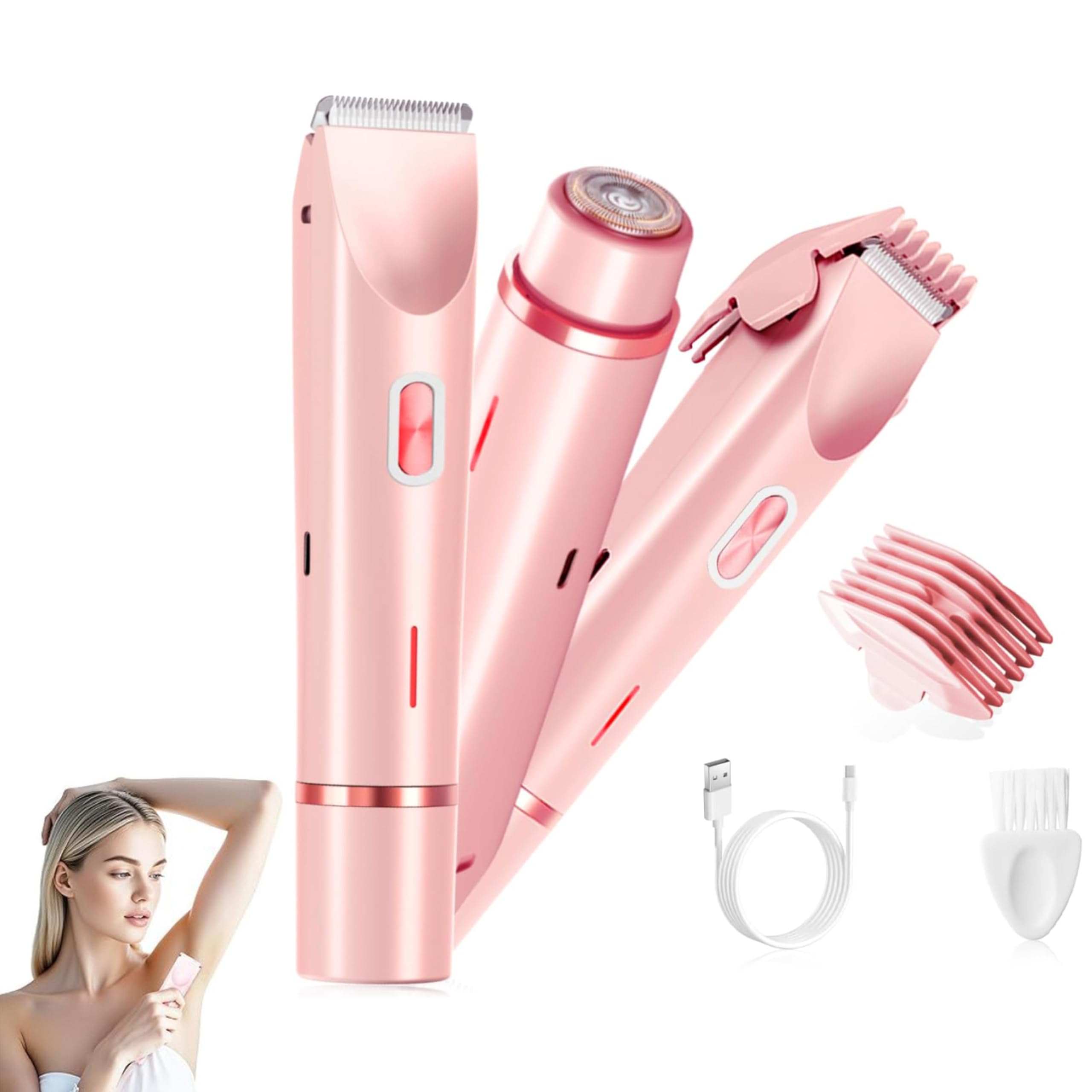 Rasoir Klyne Tondeuse 2 en 1 bikini rechargeable à double tête pour femmes et hommes, Recharge USB, Étanche IPX7, Sans douleur Tondeuse Intime, Utilisation Humide et Sèche (Rose) (Rose)