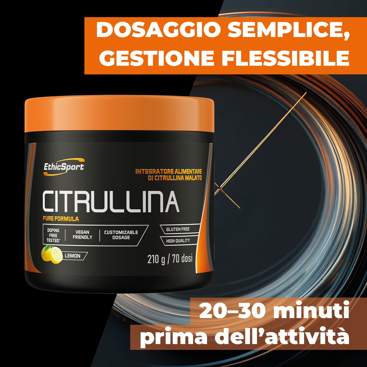 Citrullina EthicSport – Citrullina Malato 2:1 di alta qualità – Polvere solubile o Capsule vegetali – gluten free, vegan friendly – doping free tested* - Barattolo da 210 g