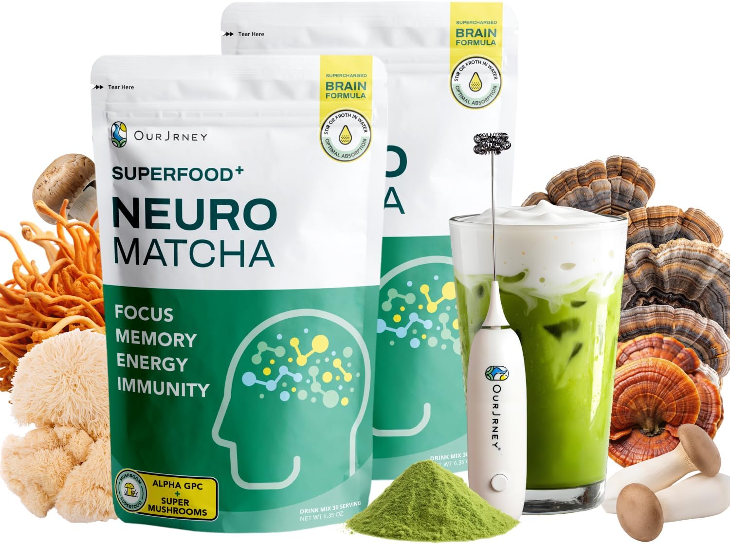 NeuroMatcha Mushroom with Alpha GPC & Blue Spirulina + Bonus Mixer, Nootropic Brain Drink Mix Powder Supplements for Focus, Memory & Productivity, Non-Jitter Energy, Coffee Alternative, 60ea
