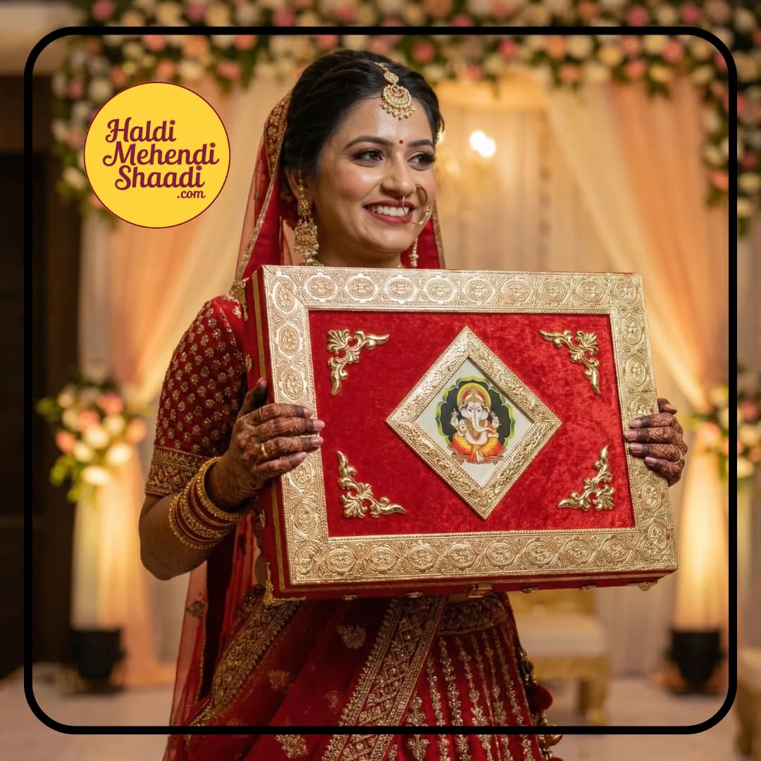 HALDI MEHENDI SHAADI Music & Light Red Velvet Wedding Invitation Box with Golden Frame, Ganesh Design, 38 x 27.5 cm, Traditional Marriage Lagan Patrika for Wedding Platter 2