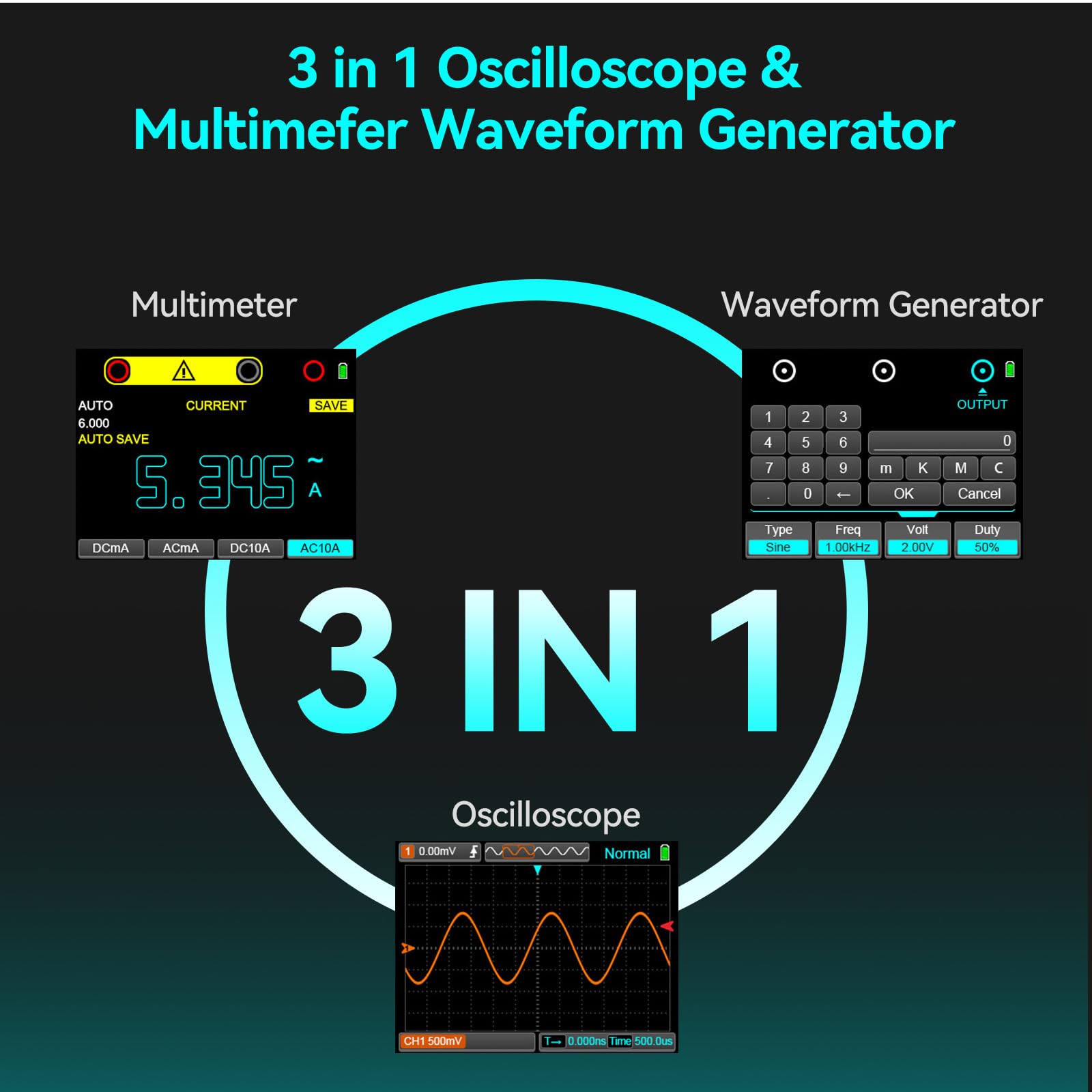 Digitales Oszilloskop + Signalgenerator + Multimeter 3 in 1: Handheld-Digitaloszilloskop 80MHz Bandbreite, 250MS/s, 2 Kanal 2 in 1 Oszilloskop Tragbares Handheld-Oszilloskop für KFZ & Elektronik
