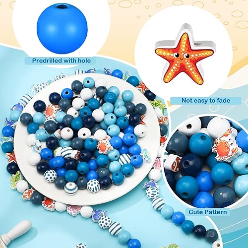 Miniatura 4 de 200 cuentas de madera con temática oceánica para manualidades, cuentas de madera de colores con agujeros, cuentas náuticas azules, estrellas de mar,