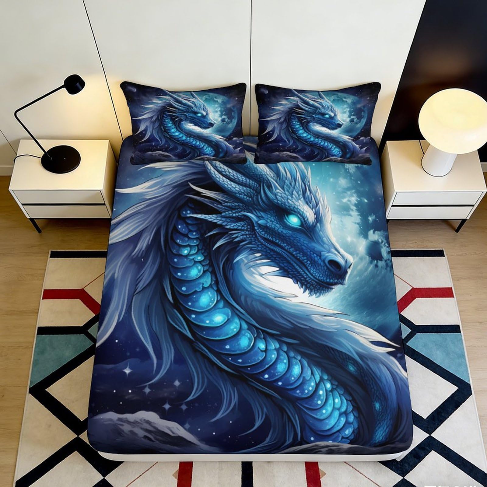 Pnayamiorkfel Style-3 3D Printed Blue Dragon Fitted Sheet Microfiber Soft Mattress Cover With Night Sky Pattern For Bedroom Or Guest Room Decor 90X200x25cm