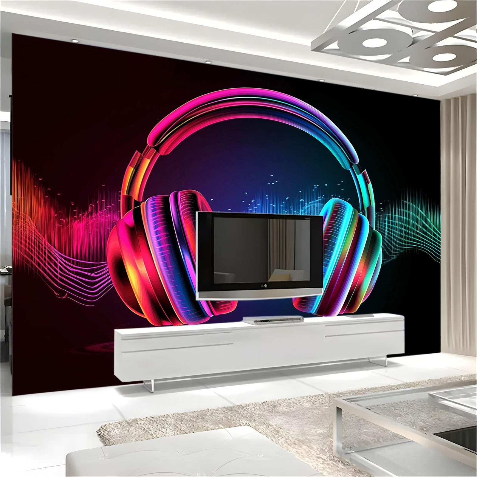 Neonfarbe 3D Fototapete Gaming-Musikkopfhörer Hochwertige Vlies Wandbild Modernes Wanddeko Tapete, Für Wohnzimmer Schlafzimmer Büro B350 X H256 Cm