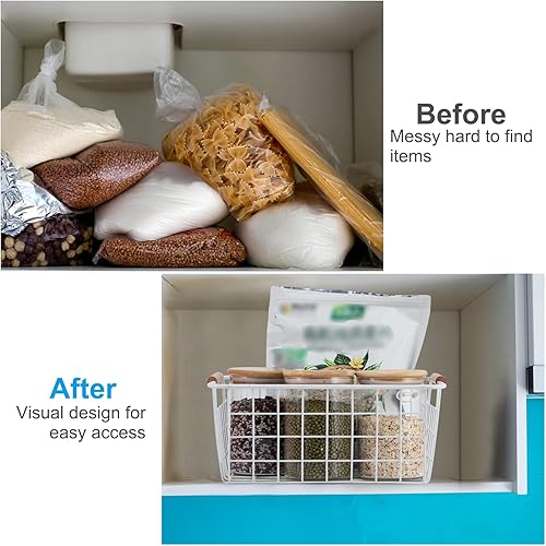 Miniatura 9 de Cesta de alambre de 4 unidades, cestas de almacenamiento de alambre organizadoras con asas de madera, cesta de alambre para organización y