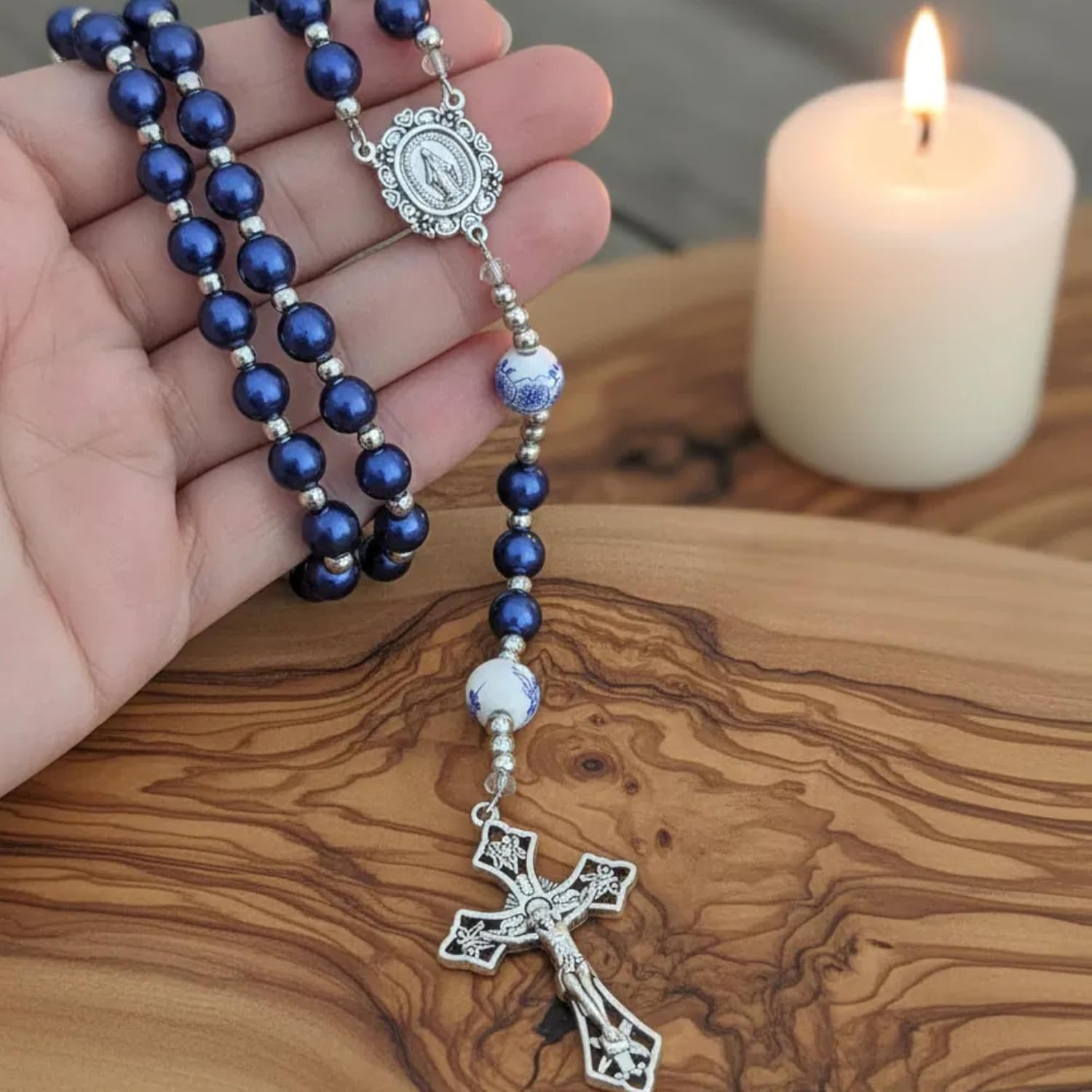 Nazareth Store Pearl Beads Rosary with Ceramic Mystery Beads Prayer Miraculous Medal & Silver Jesus Crucifix - Image 2
