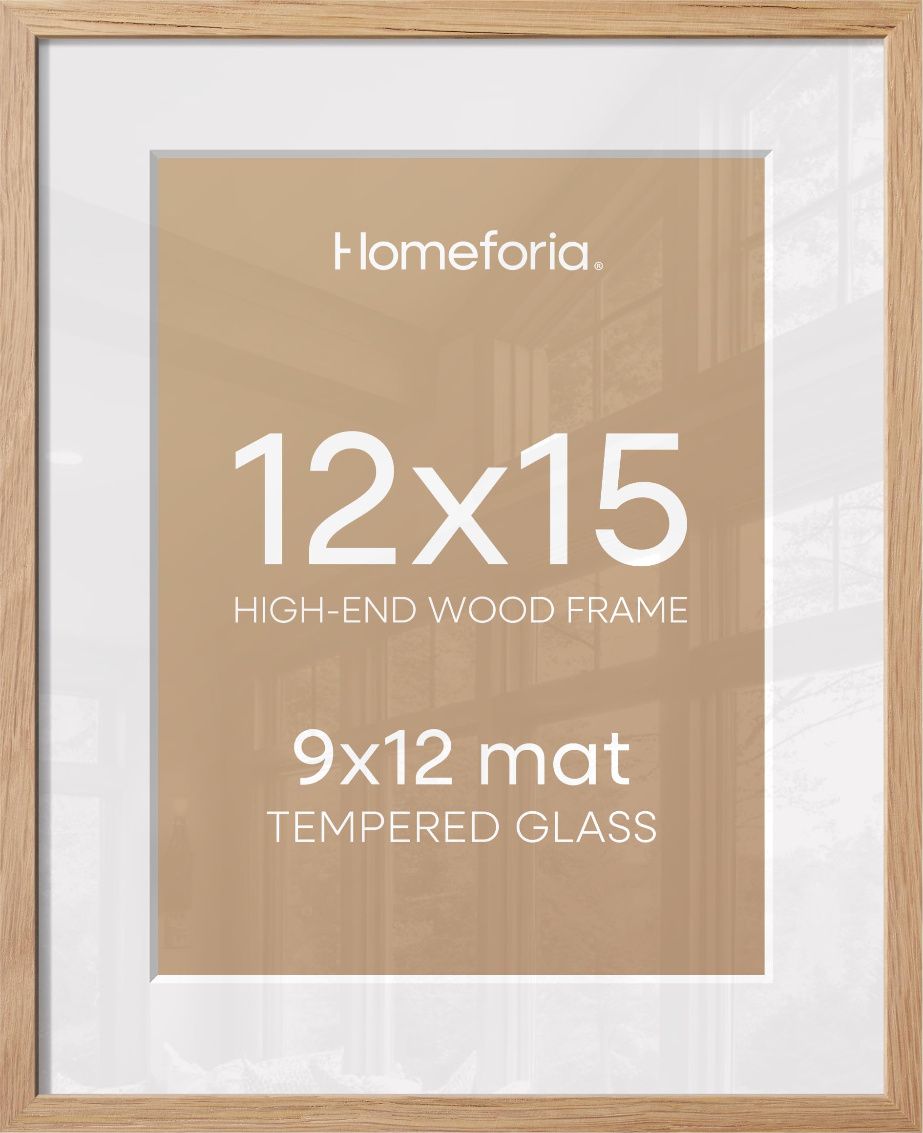 Homeforia 12x15 Natural Oak Picture Frame, High-End Wood, 9x12 Mat, Glass | High End Solid Oak Wood, Tempered Glass, Acid-Free 9x12 Removable Mat, 12x15 Edge-to-Edge Display 15x12, Wall Kit, Set Of 2