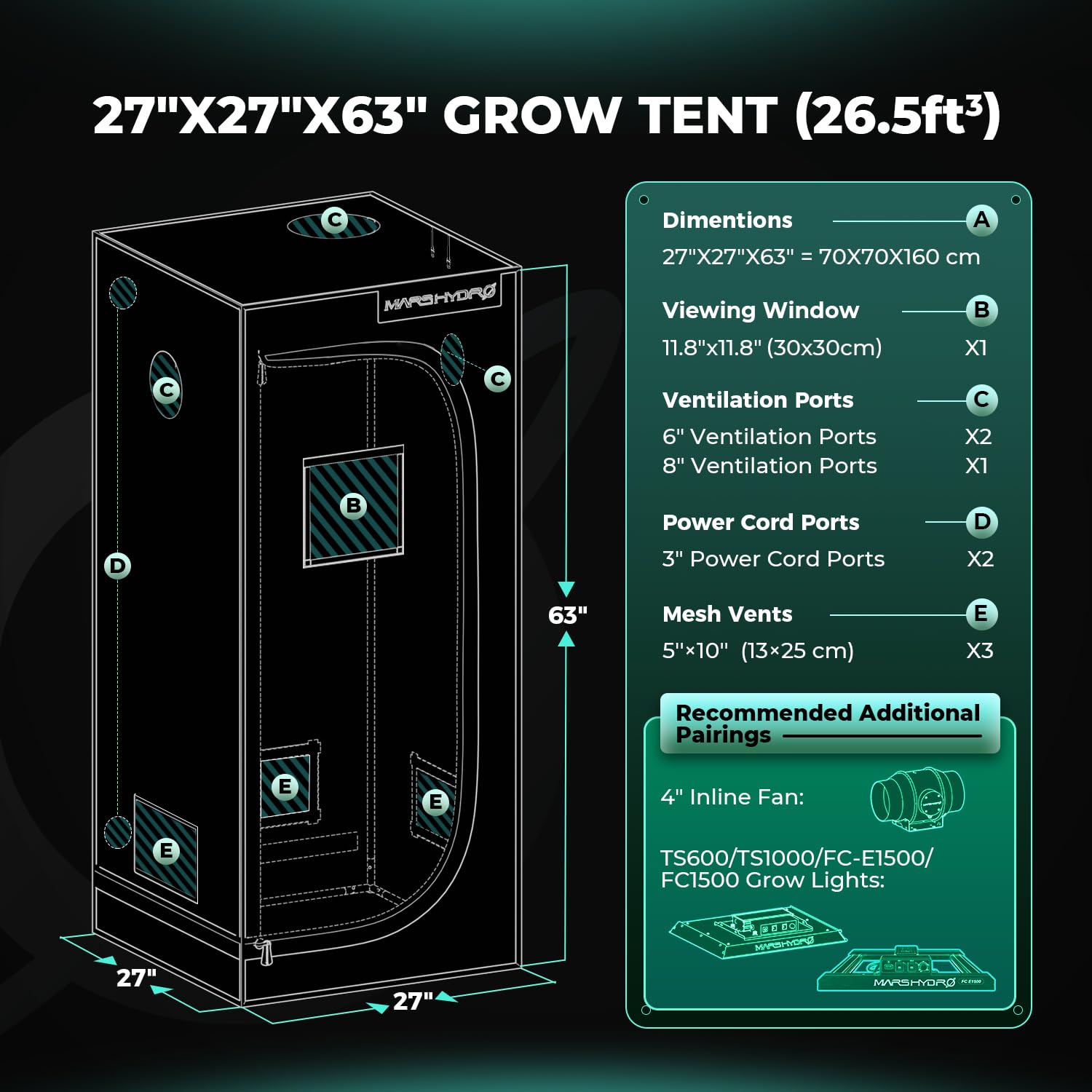 MARS HYDRO Growzelt 70x70x160cm,Indoor Grow Tent Reflektierende Mylar Zuchtzelte Hydrokultur,abnehmbaren Boden Tablett,für Pflanzen wachsen Raum