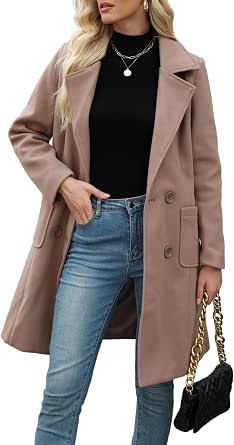 Bankeng Women Winter Wool Blend Camel Mid-Long Coat with Notch Lapel and Double-Breasted Closure