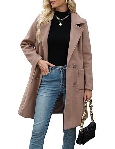Bankeng Women Winter Wool Blend Camel Mid-Long Coat Notch Double-Breasted