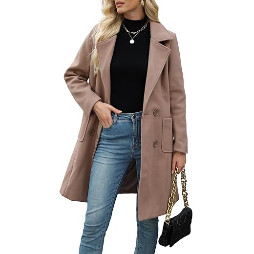 Bankeng Women Winter Wool Blend Camel Mid-Long Coat Notch Double-Breasted Lapel Jacket Outwear