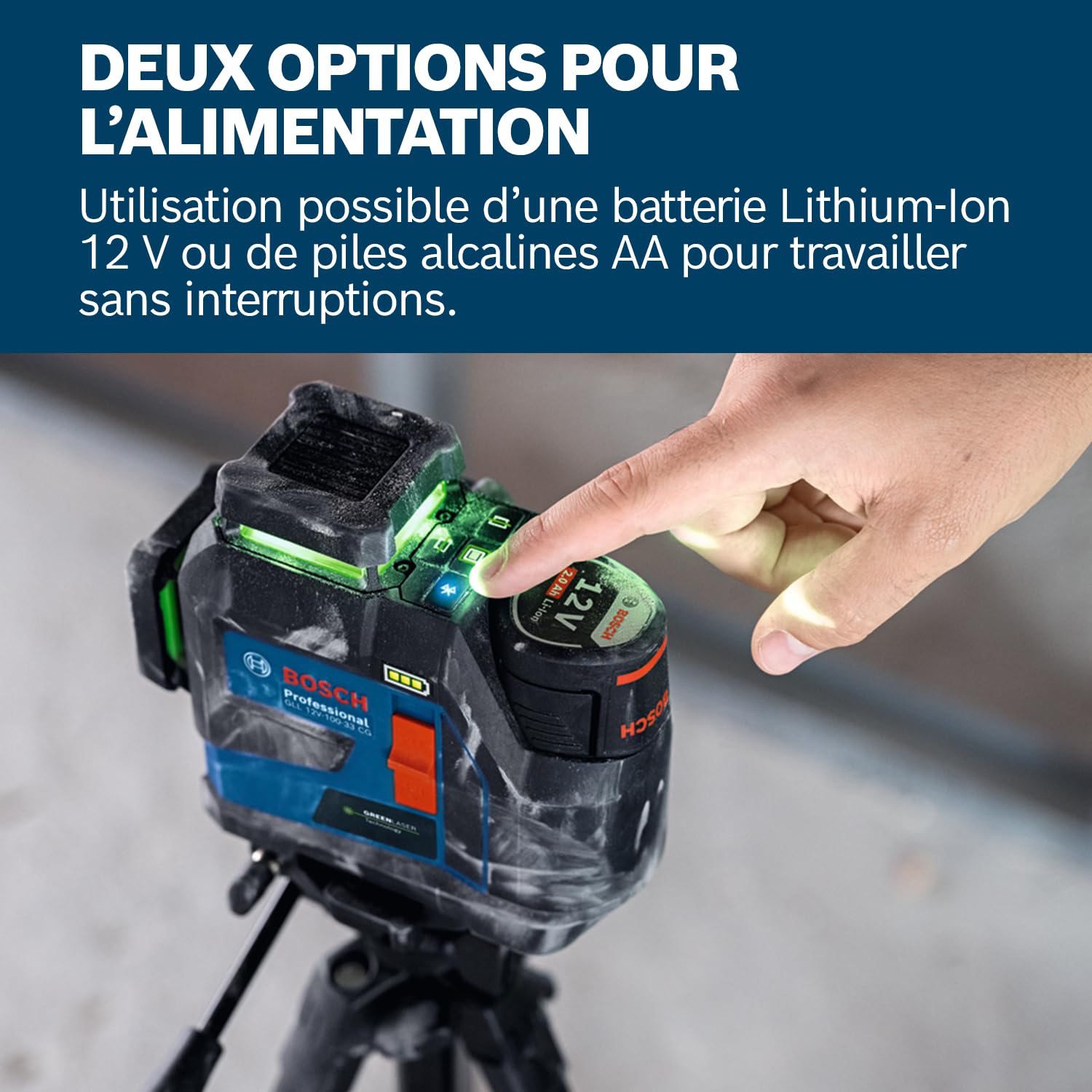 Bosch Professional laser lignes GLL 12V-100-33 CG (3 lignes laser vertes sur 360°, portée de 100 m (rayon), IP 65, Levelling Remote, LB 10, DK 20, GBA 12V 2.0Ah, GAL 12V-40, housse, L-BOXX)