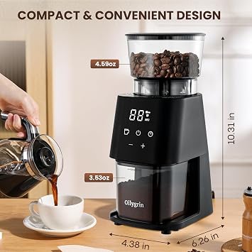 Ollygrin Electric Conical Burr Coffee Grinder, 30 Precise Grind Settings for Espresso, Drip & French Press, Compact Burr Mill with Touchscreen Control, Anti-Static & Easy Cleaning, Black
