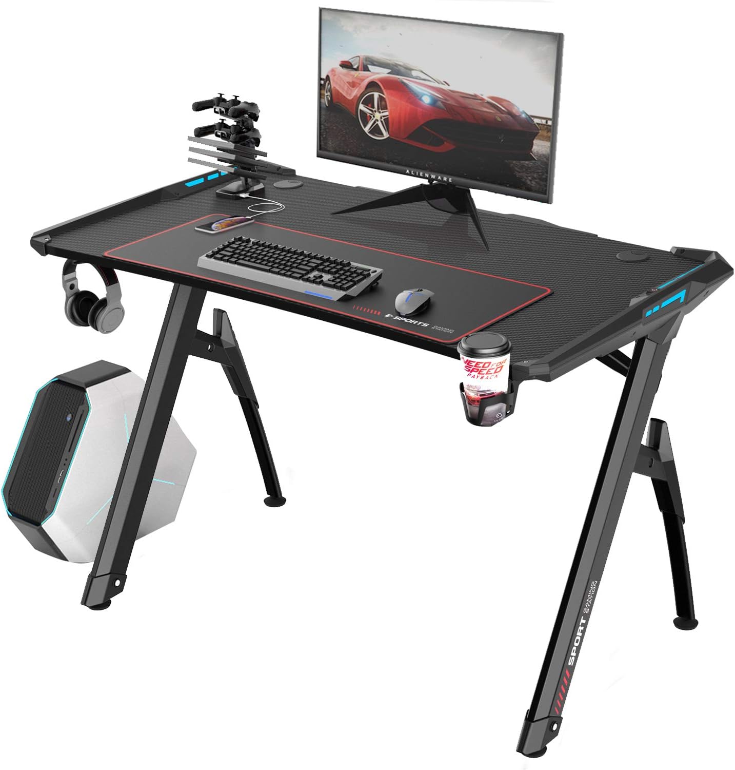 Vitesse 44 inch Gaming Desk Racing Style RGB LED Light Computer Desk with Free Mouse pad, Y-Shapped Professional Gamer Game Station with USB Gaming Handle Rack, Cup Holder & Headphone Hook (Black)