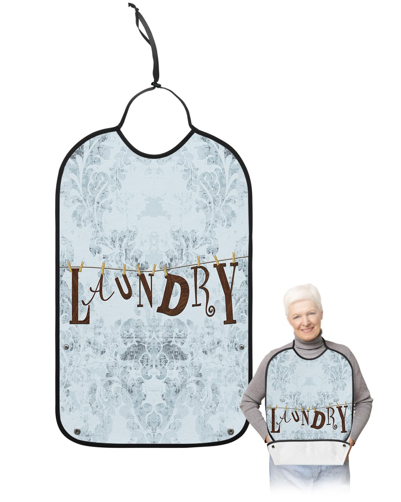 LEOKOTI Laundry Wood Adult Bibs for Eating, Waterproof Bibs with Food Catcher & Adjustable Snap Closure, Vintage Blue Floral Pattern Washable Clothing Protectors Adult Bibs for Elderly Women/Men