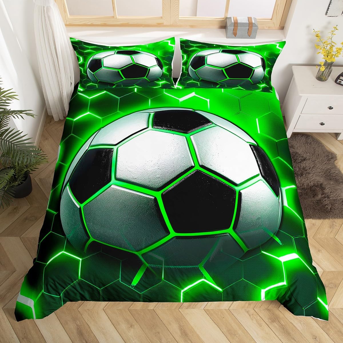 Soccer Print Comforter Cover Set Football Duvet Cover for Kids Boys Girls,Ball Game Bedding Set Twin Sports Theme Bedding,Green Neon Honeycomb Quilt Cover Teens Modern Cool Design Room Decor 2pcs