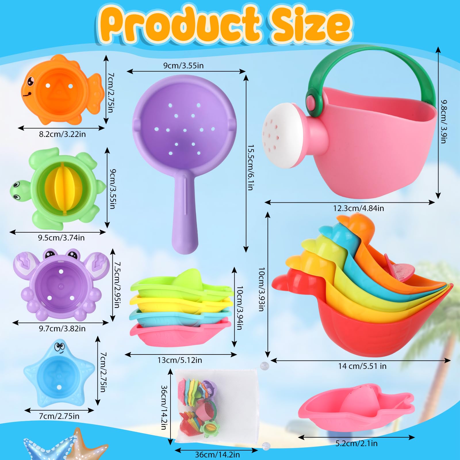 Bath Toy Set, 15 Pieces Bath Toy Baby, Water Toy Children with Storage Bag, Stacking Cup Swimming Pool Toy Gift for Boys and Girls - Image 2