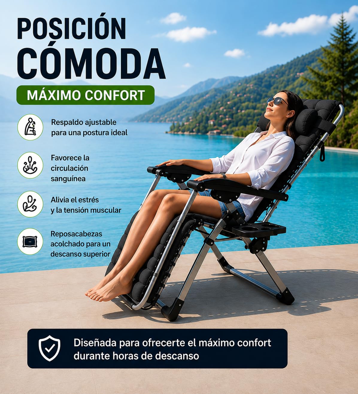 Silla Gravedad Cero Reclinable Plegable con Bloqueo Metálico Reforzado, Tumbona Jardín Exterior Acolchada con Reposacabezas Ajustable y Portavasos, para Terraza, Piscina, Playa y Camping (Negro)
