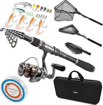 PLUSINNO 8.86 FT Telescopic Fishing Rod and Reel Combos Full Kit, Fishing Net Fish Landing Net 16"/40cm Hoop Size Telescopic Pole
