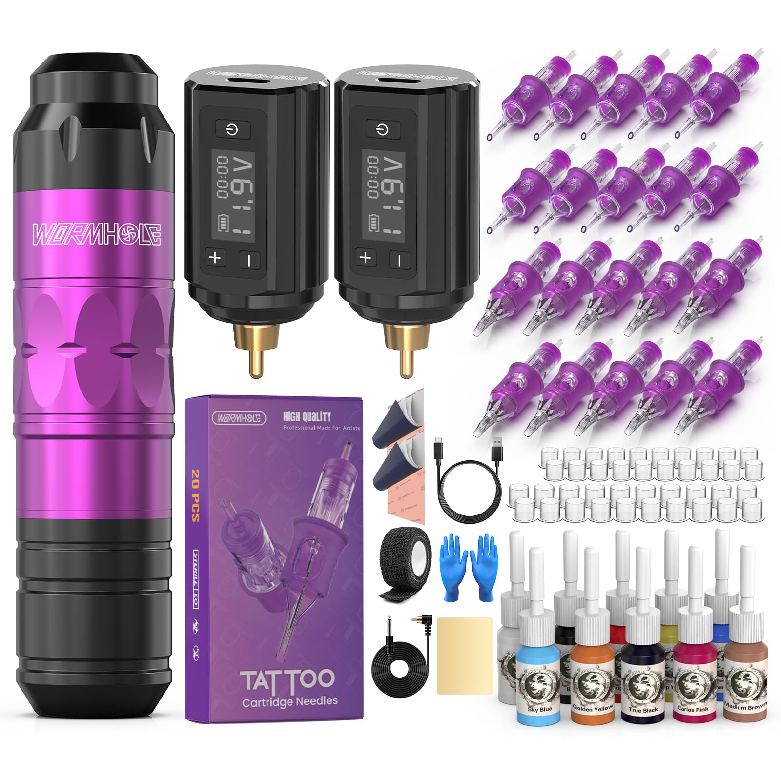 Wormhole Tattoo Gun Tattoo Kit with Wireless Tattoo Machine, 2PCS 1,200mAh Capacity Tattoo Batteries, 20 Cartridge Needles with Finger Ledge, Ink Color Set for Artists-Purple