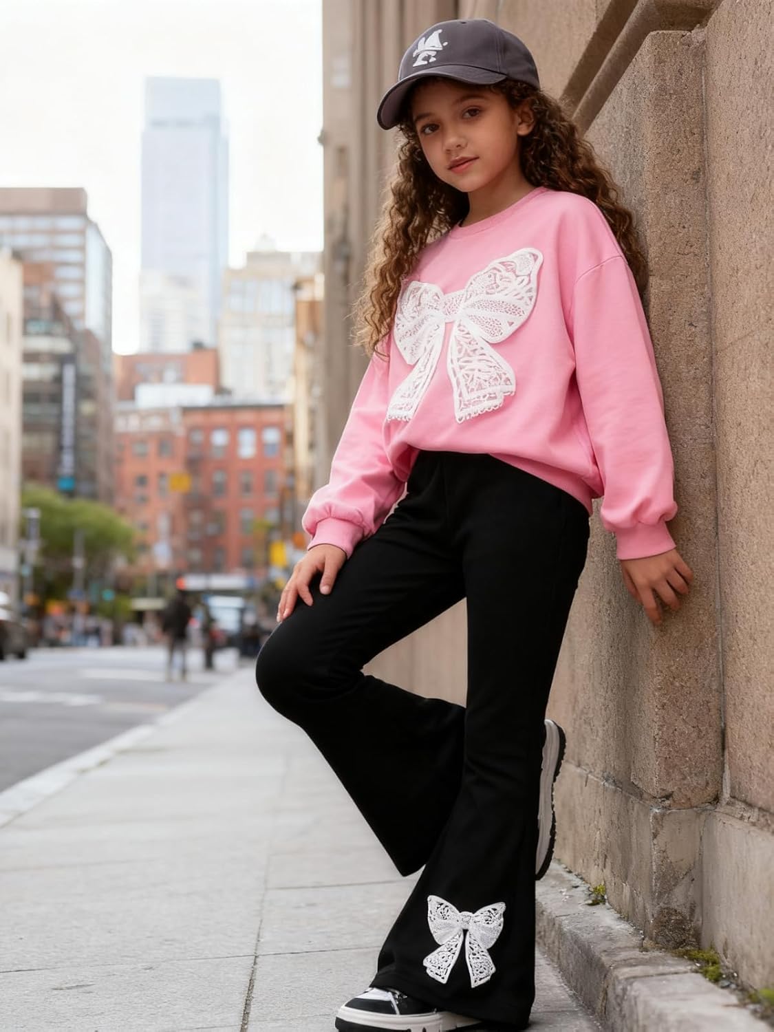 Girls Clothes Fall Long Sleeve Lace Bow Print Sweatshirt Flared Pants 2PCS Set Little Girl Outfits Size 6-14 - Image 5
