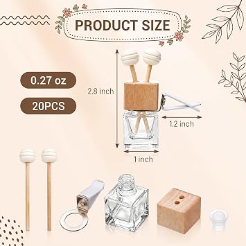 WRINGKIT 20 Pcs Car Clip Diffuser Bottle, Empty Glass Air Freshener Bottle | Clear Essential Oil Perfume Fragrance Vials with Wooden Cap for Car Decor, DIY Air Freshners Diffuser