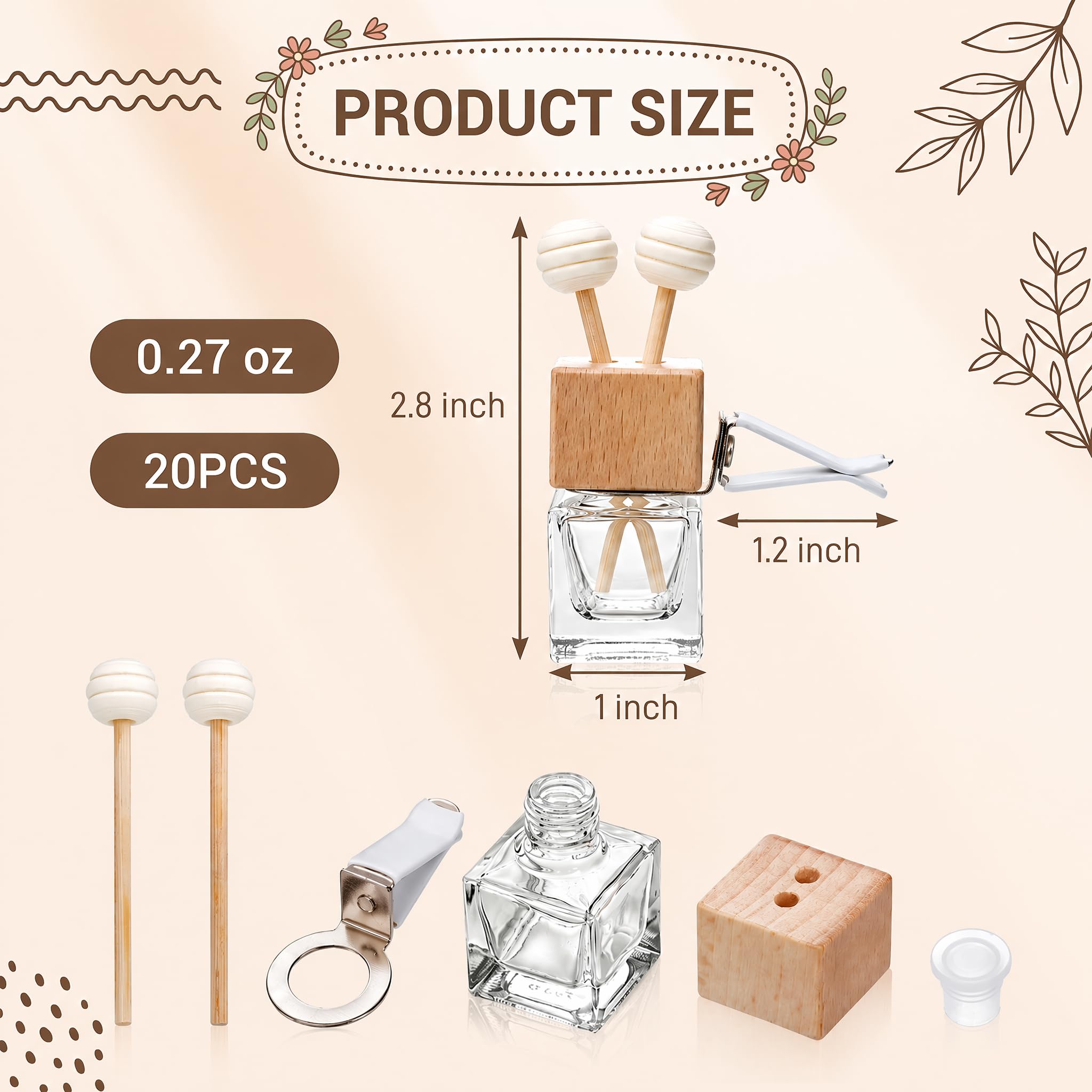 WRINGKIT 20 sztuk samochodowych dyfuzor odświeżacza powietrza, dyfuzor olejków eterycznych z klipsem wentylacyjnym, butelka na perfumy z przezroczystego szkła, drewniana nakrętka, pusty dyfuzor do