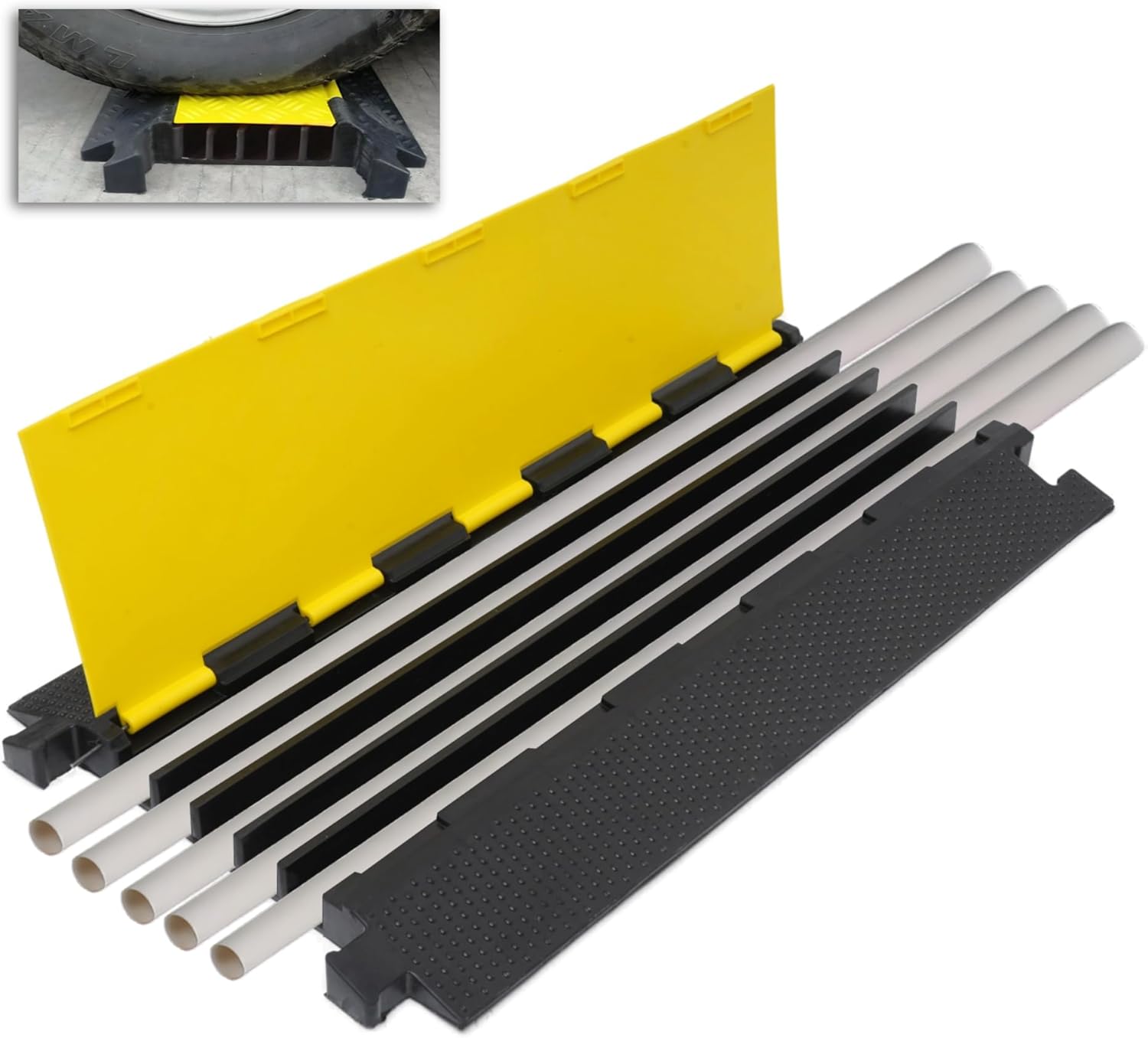 Driveway Cord Protector Ramp 36.3"×19.7"×2", 40000 lbs Heavy Duty Rubber Outdoor Extension Cable Wire Hose Cover 5 Channels Slow Down Speed Bump for High Traffic Driveway Road Five Wire Channel