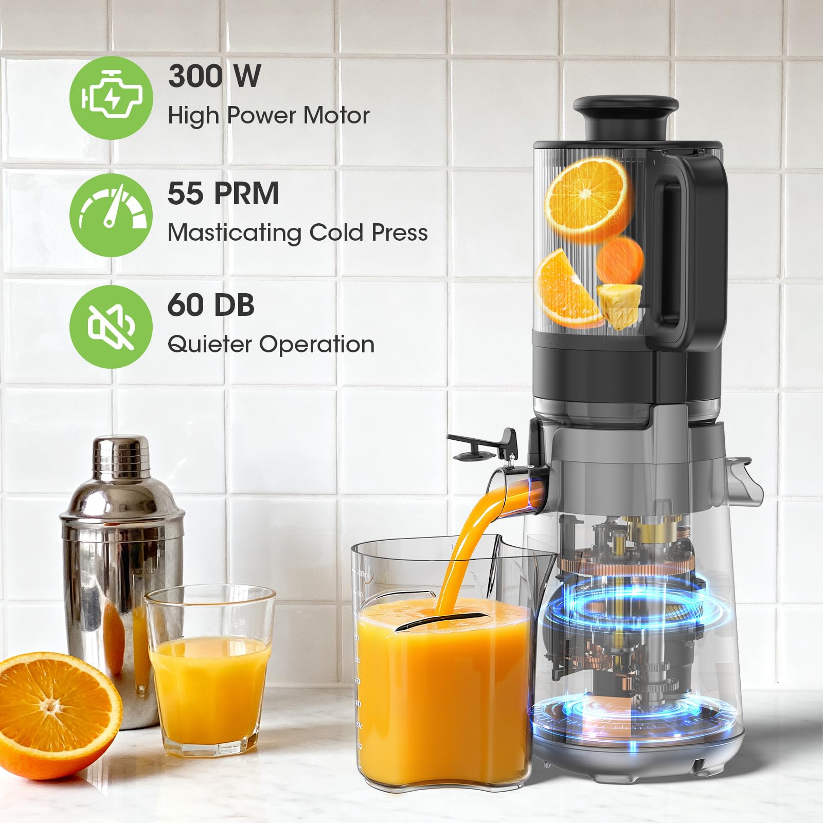 Spremiagrumi con grande riempimento da 14,7 cm (5,8 pollici), pressatrice a freddo per frutta e verdura intera, facile da pulire, alta resa del succo