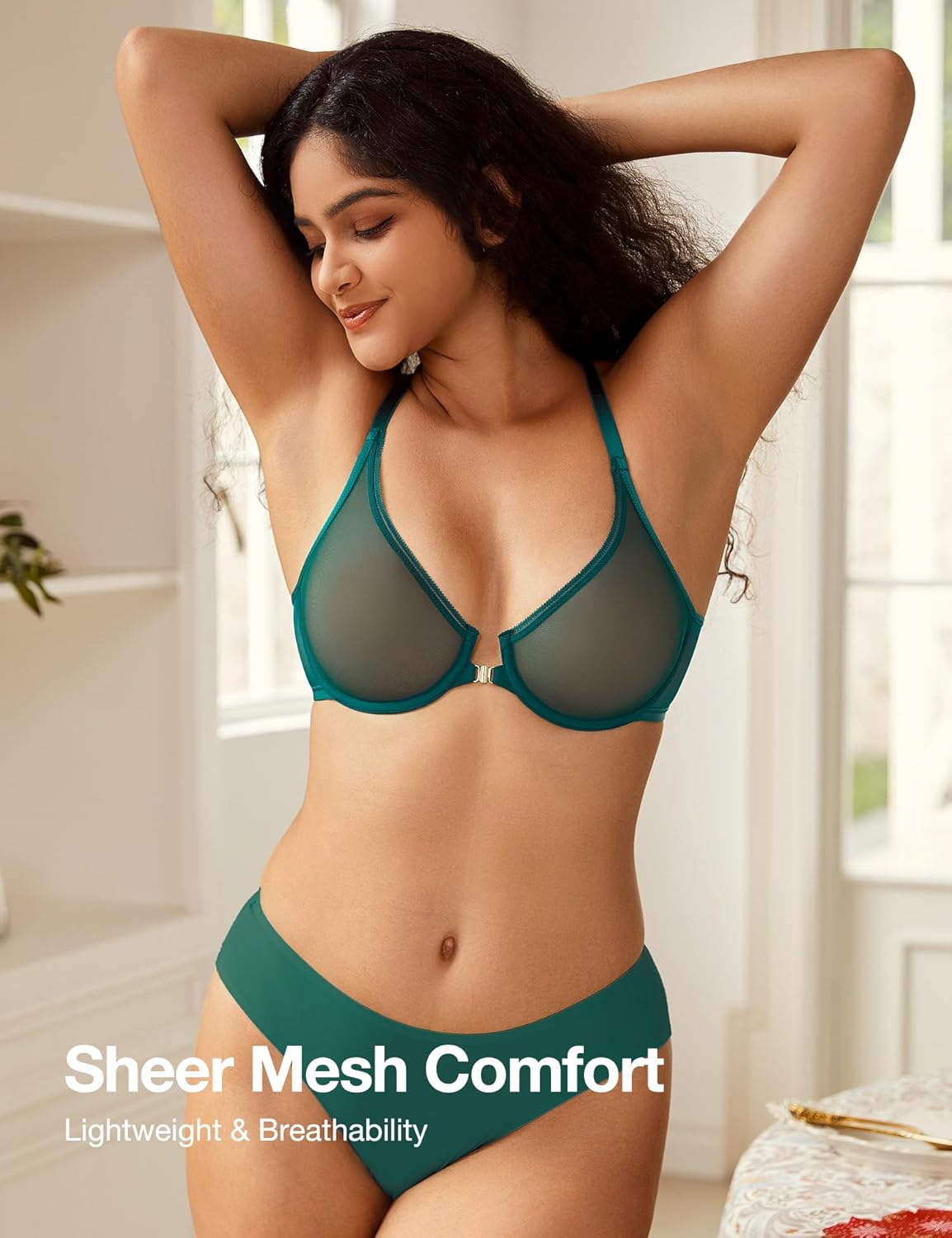 Deyllo Women's Front Closure Plunge Underwire Bra Mesh Unlined Racerback Bra for Everyday Wear - Image 4