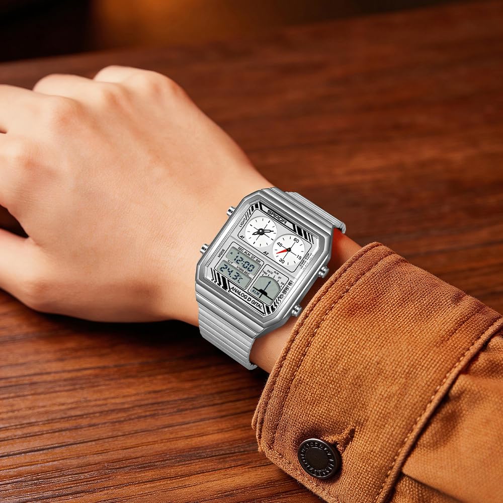 FANMIS Orologio digitale da uomo retrò con cinturino in acciaio con visualizzazione della temperatura, impermeabile fino a 5 atm, orologio da polso sportivo con retroilluminazione a LED, sveglia