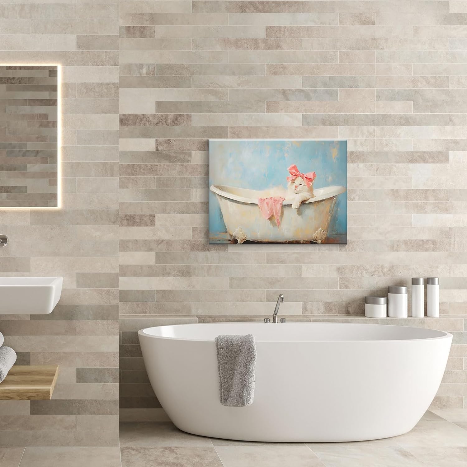 Funny Bathroom Canvas Wall Art Cute Cat Posters Pink Bow Print Trendy Minimalist Animal Painting Vintage Cat In The Bathtub Wall Decor For Restroom Toilet Washroom 16x24in Framed