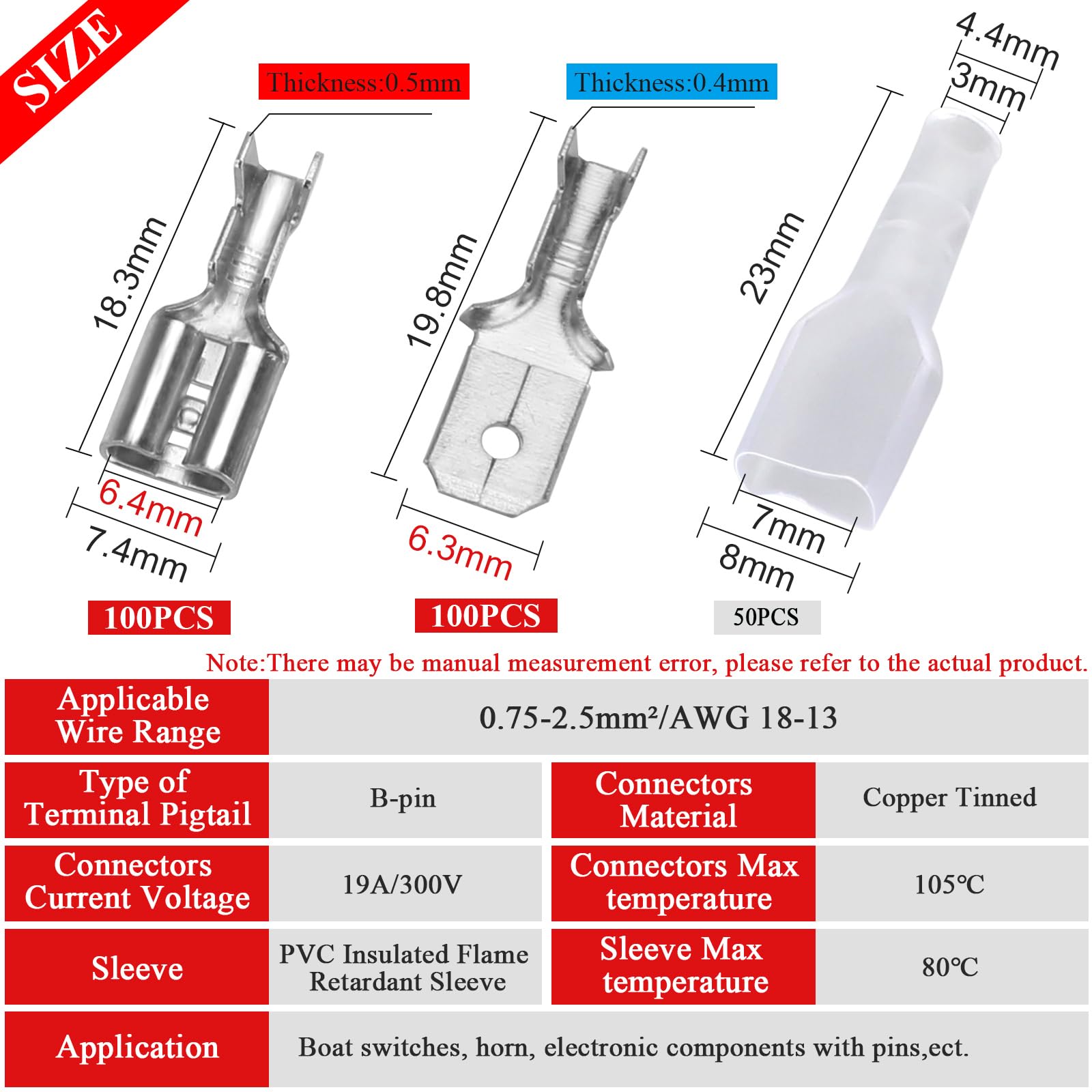 Pinza Crimpatrice Capicorda kit-250pz ispessite Connettori faston maschio/Femmina Piatta 6.3mm da crimpare & Pinza Crimpatrice professionale con Guaine Isolanti