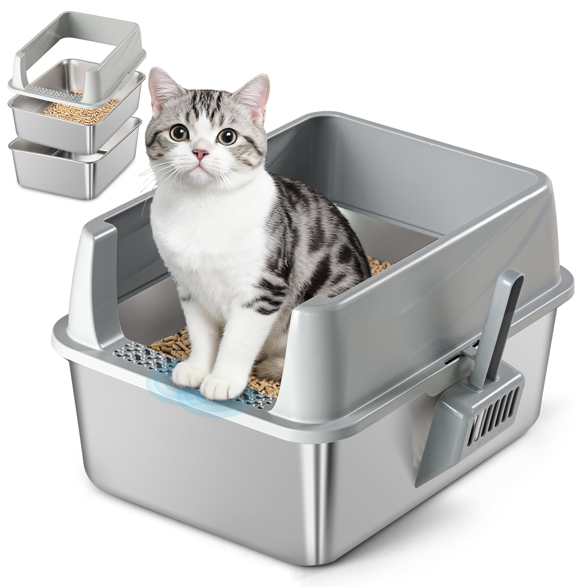 TIUUBT Stainless Steel Sifting Litter Box for Pine Pellets, Sifting Cat Litter Box with Sifter, High Side for Small Cats, Anti-Leakage, Odor Control, Includes Scooper, 17.7" x 13.8" x 11" - image 7