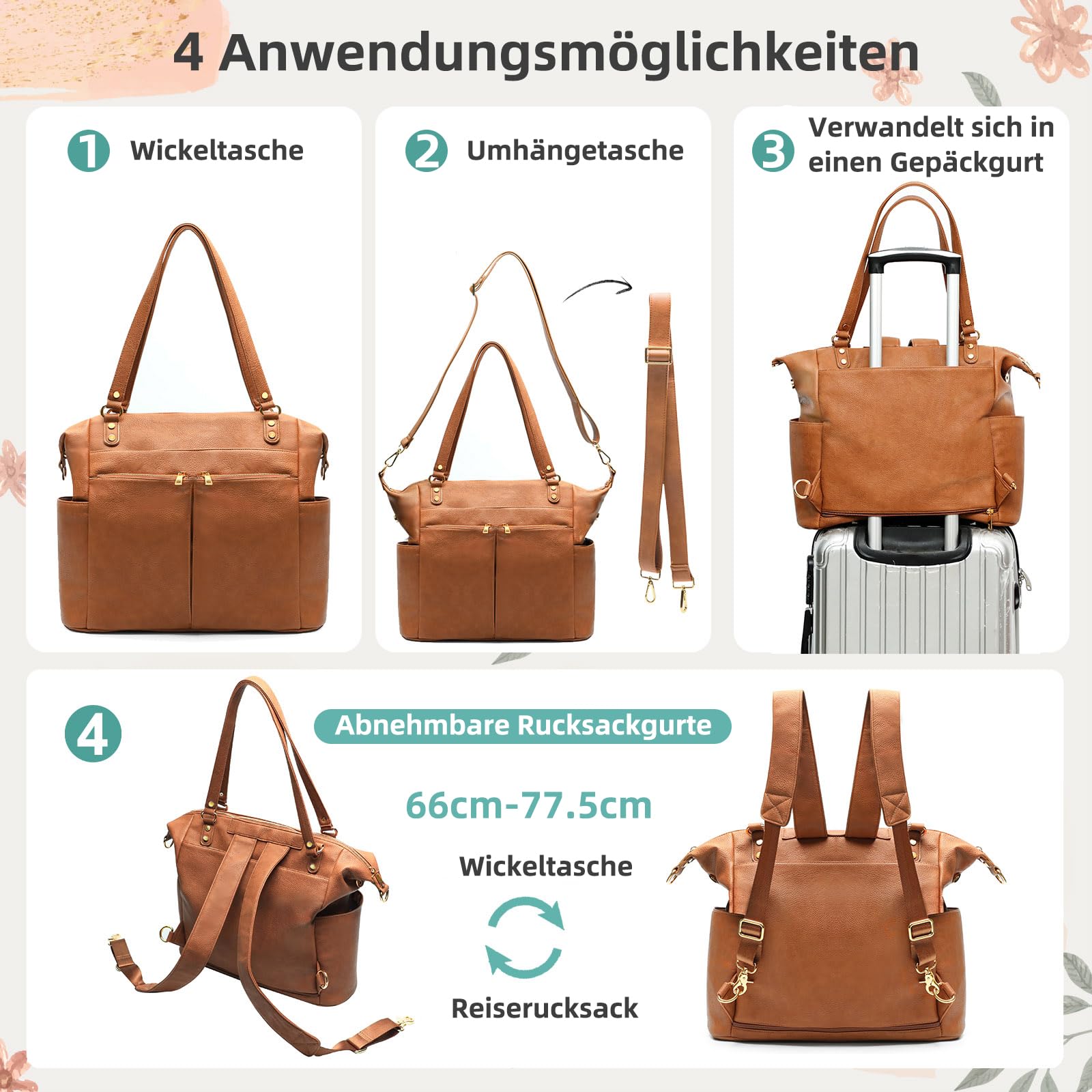 MISS FONG Wickelrucksack Wickeltasche Leder, Baby Rucksack Wickelrucksack Große Kapazität Mit 13 Wickeltasche Organizer, Wickelunterlage für Mama & Papa Wasserdichter Rucksack-Braun