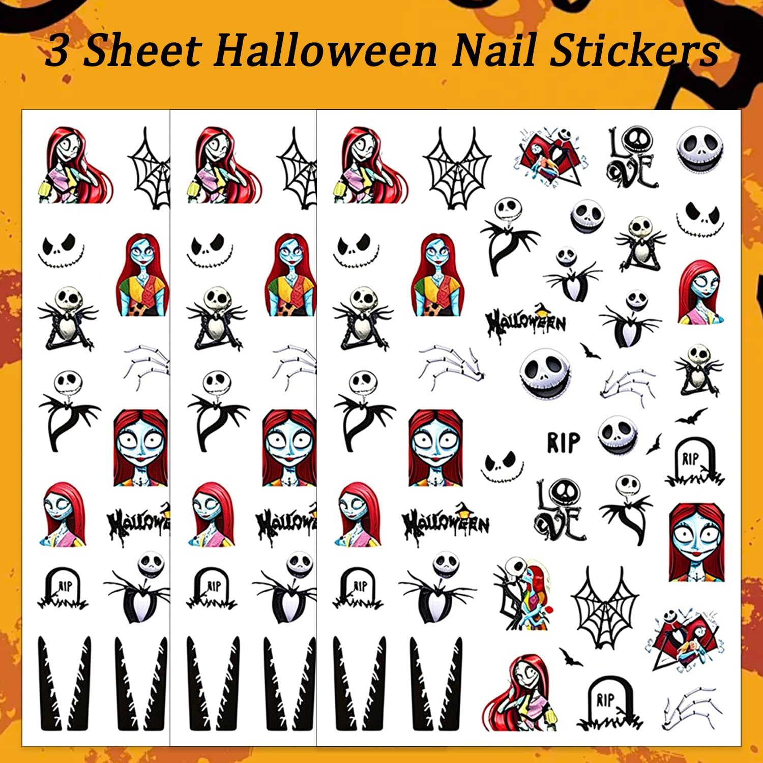 3 Sheet Halloween Nail Stickers Scary Skeleton Spider Web Nails Sticker with Cartoon Character Design Nail Art Stickers Full Cover Self-Adhesive Nail Decals Sticker for Women Girls