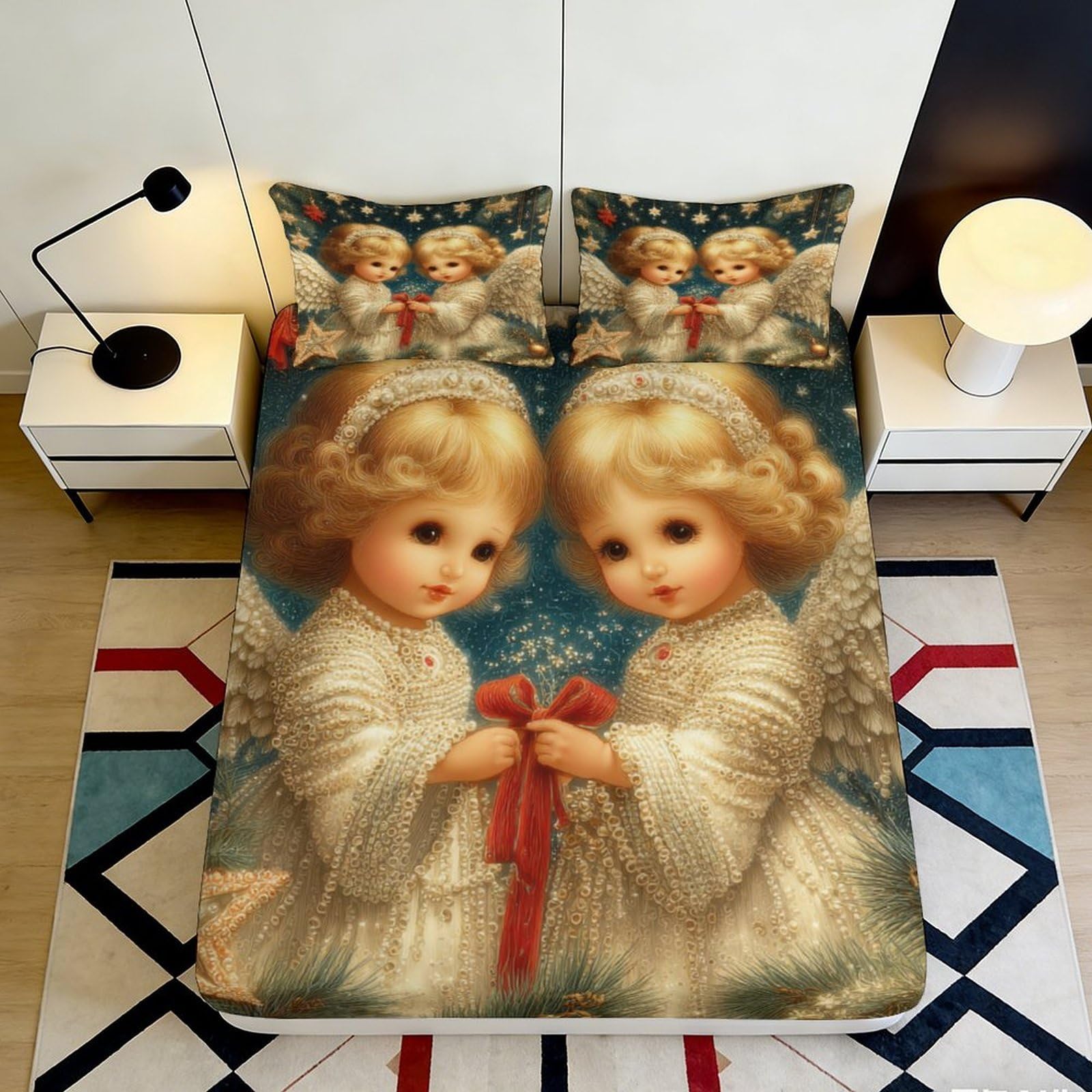 3D Printed Angel Cherub Fitted Sheet Microfiber Soft Elegant Christmas Night Bed Cover for Bedroom Dorm Mattress Decor 90x200x25cm
