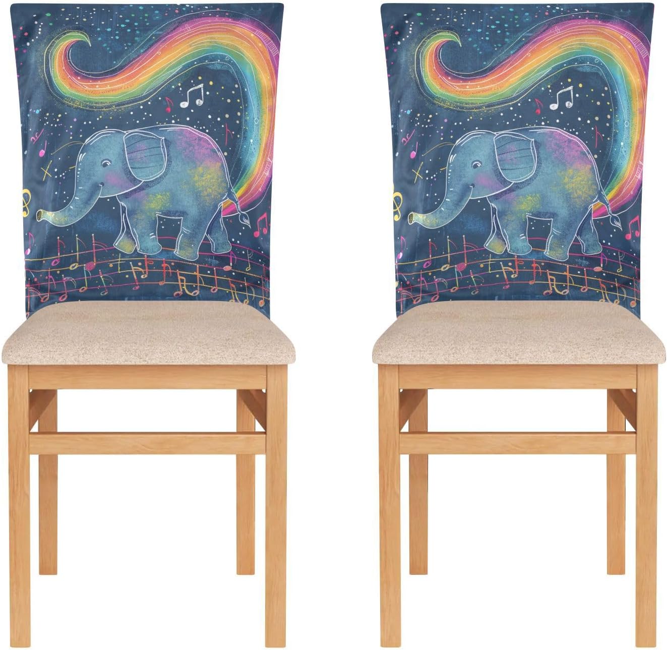 ALAZA Elephant Rainbow Music Notes Chair Back Cover Set of 6, Washable Reusable Removable Chair Slipcovers Decorative Chair Cover for Home Kitchen Wedding Party