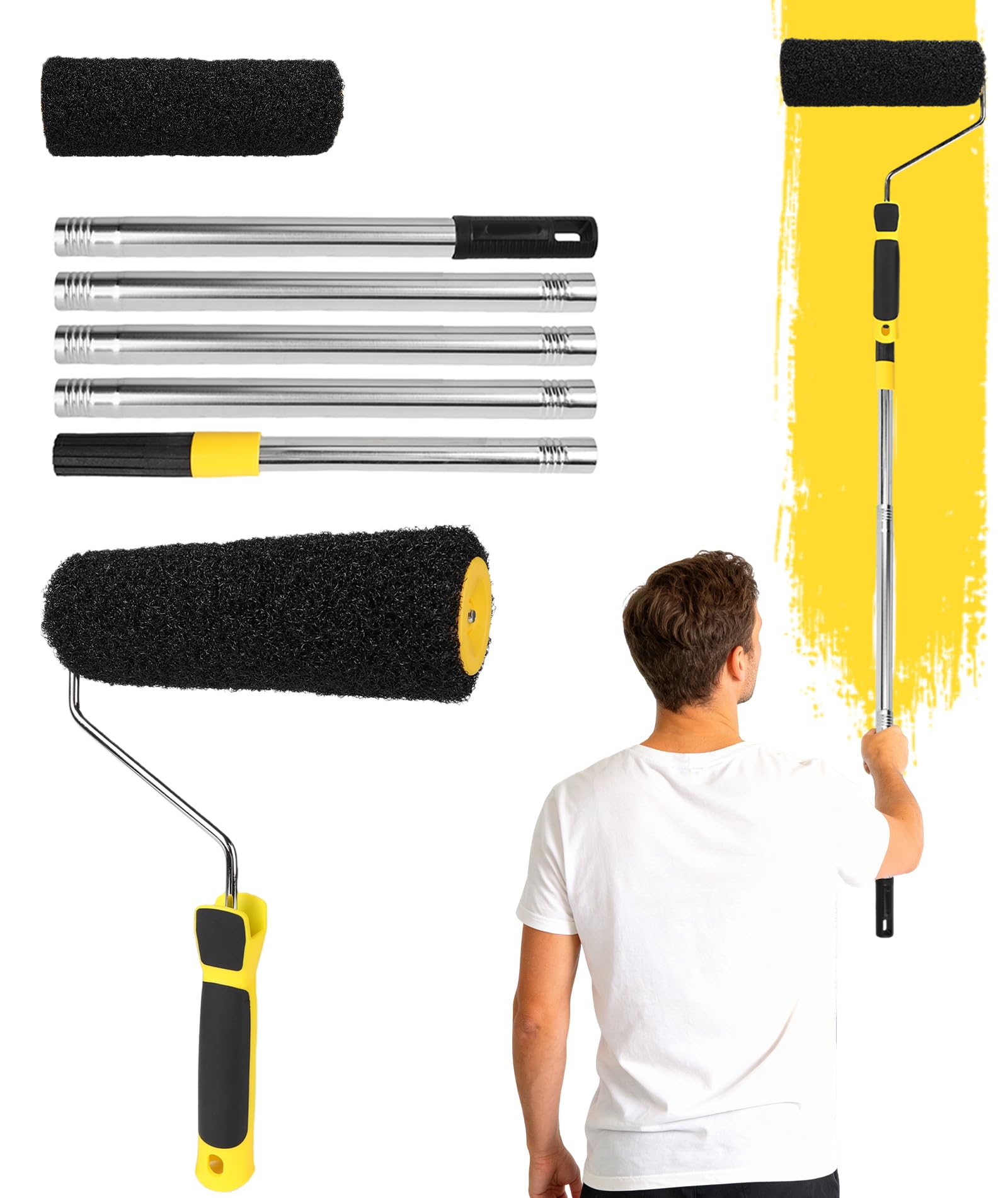 Qivine Paint Roller with 1.5m Extended Detachable Thickended Pole, Multi-Function Household Emulsion Brush, Thickened Stable New Splicing Rod, Paste Brush for Walls and Ceiling