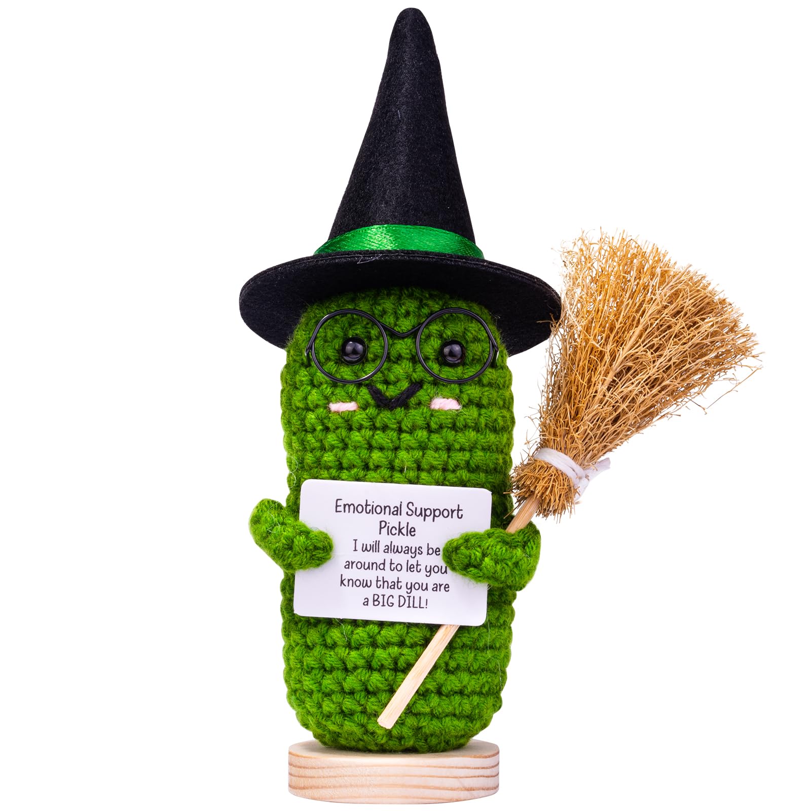 CoFuBcad Halloween Emotional Support Cucumber Witch Hat, Cute Crochet Knitted Doll with Front Card, Halloween Decoration