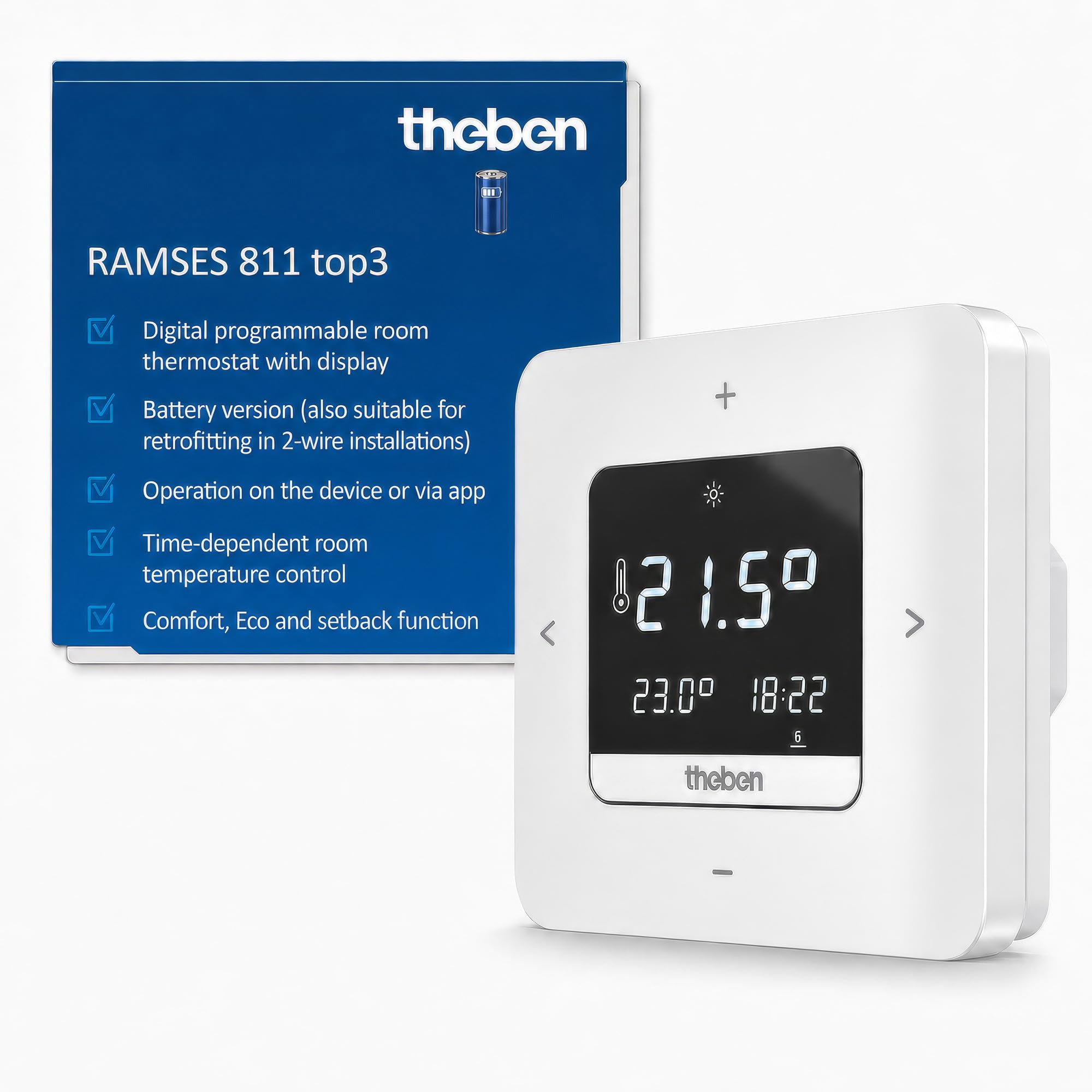 Theben 8119200 Ramses 811 top3 cronotermostato Digital a Pilas | termostato ambiental, manejo en aparato/app, Bluetooth BLE, pantalla, 3 programas semanales, duración de pulso, eco