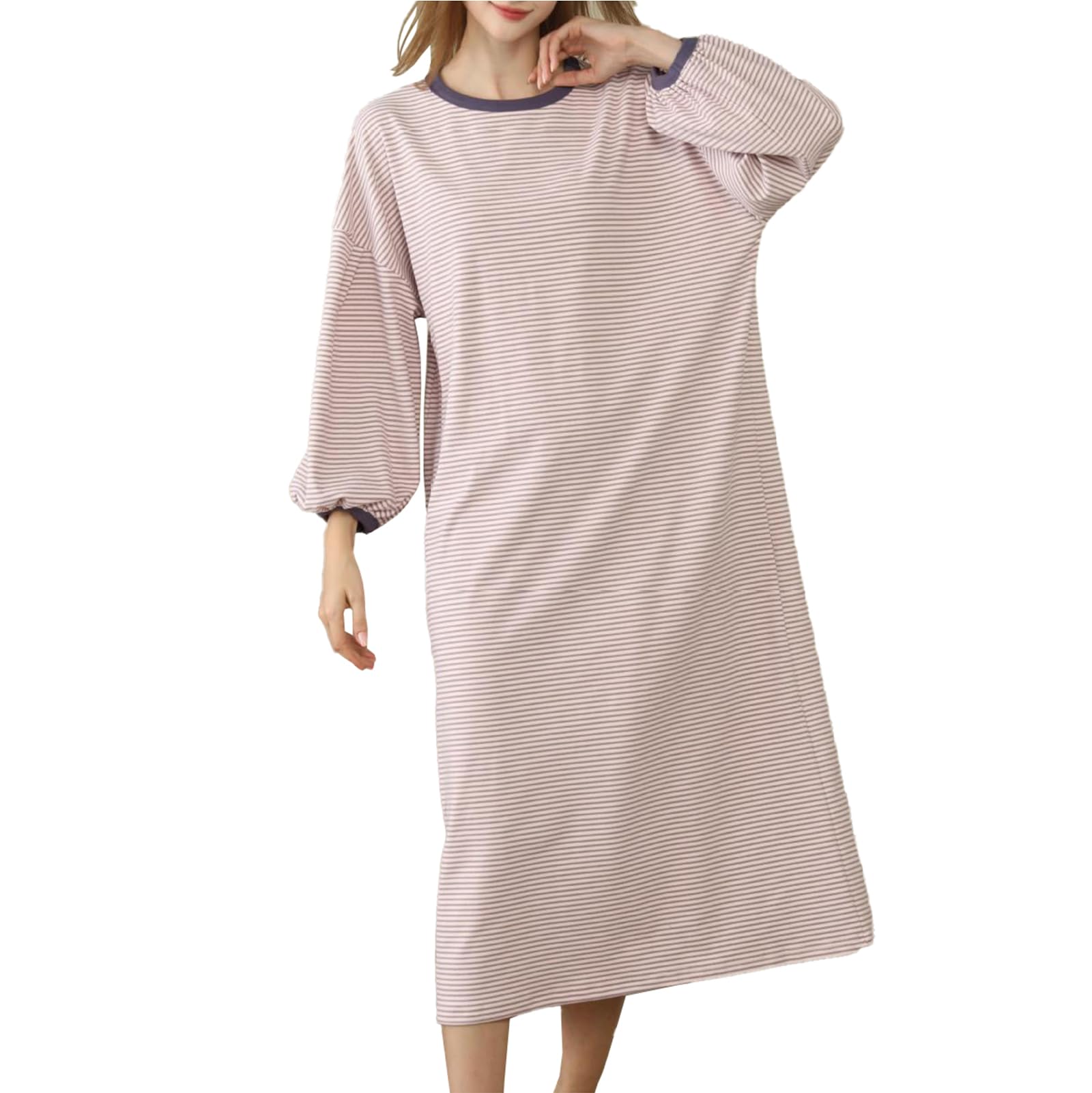 Generic Długie koszule nocne w paski dla kobiet, miękka koszulka nocna z okrągłym dekoltem luźna bielizna nocna Fit Pullover,Pink stripe,One Size