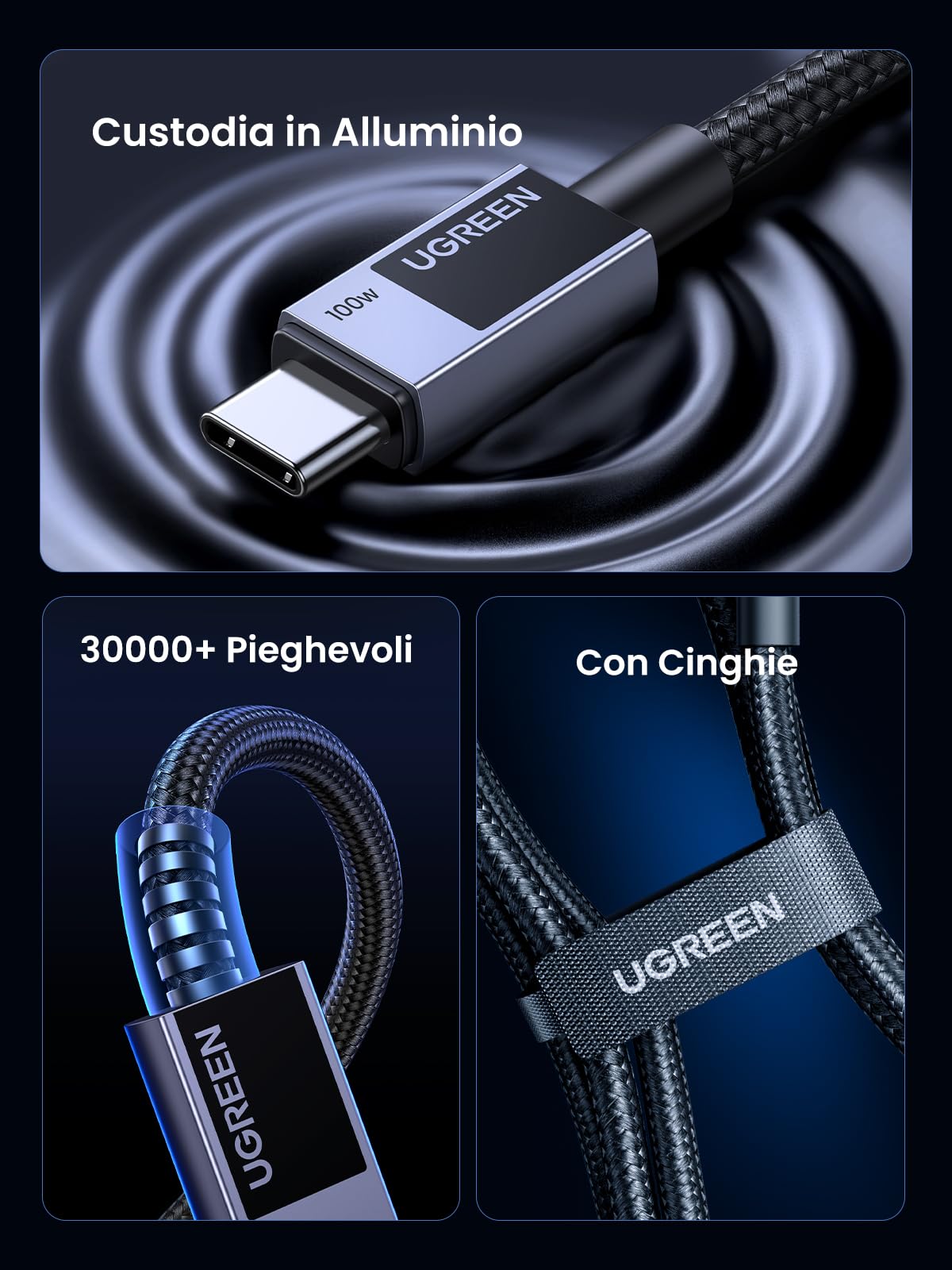 UGREEN 100W Cavo USB C PD 3.0 Ricarica Rapida 20V 5A Lega di Alluminio 1M