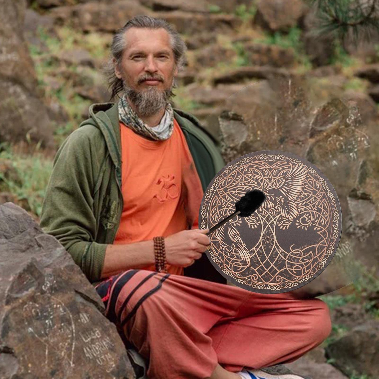 Tambour Chamanique Vegan 25 Cm Avec Bâton - Instrument Musique Thérapie Sons Graves Fait Main