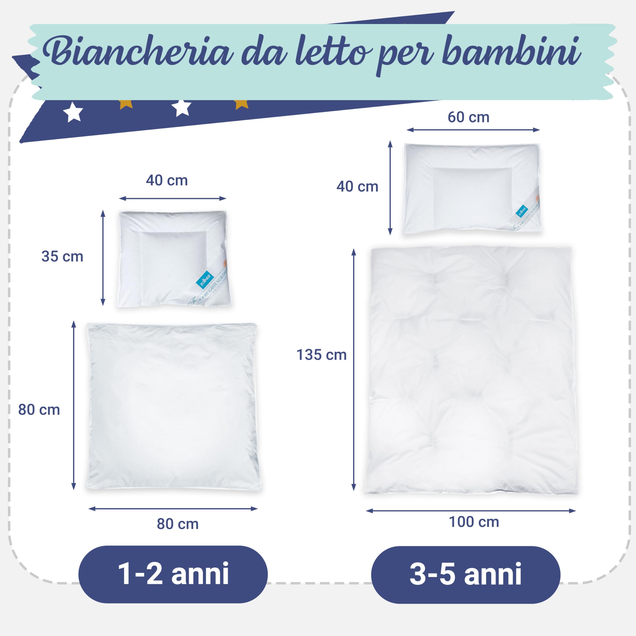 ZOLLNER Cuscino per bambini 35x40 cm - guanciale con 90% piumino e 10% piume - fodera in cotone di alta qualità - Made in Germany - lavabile fino a 60°C - per bambini fino a 2 anni di età