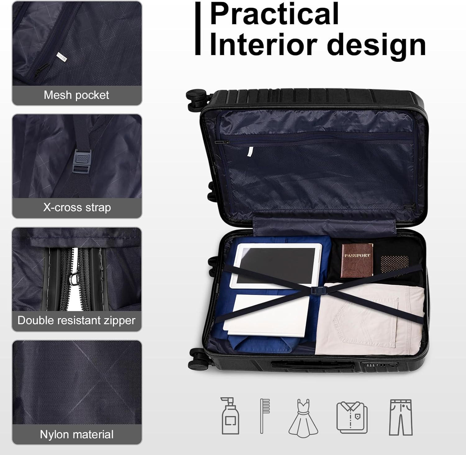 Karl home Luggage Sets 3 Piece, PP Hardshell Carry on Suitcase with Bags, Lightweight Suitcase Sets with Spinner Wheels TSA Lock Waterproof Rolling Luggage for Travel (3pcs, Black)